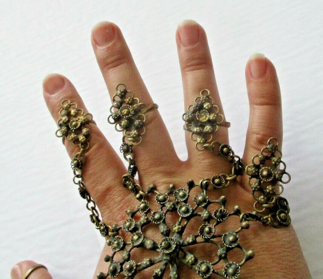 Antique Brass Slave Bracelet Hash Panja Hand Flower Yemeni Harem Bronze Rings
