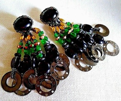 Big beaded black and green dangle pierced statement earrings