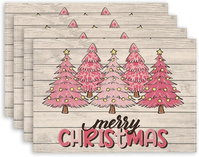 Pink Christmas Tree Merry Christmas Placemats Set of 4.12X18 Inch Winter