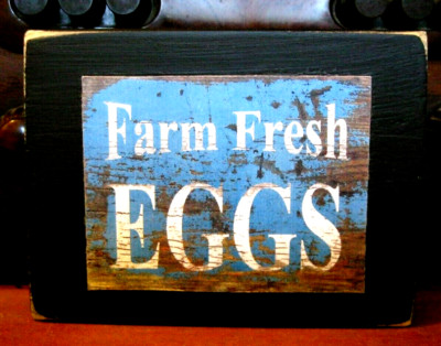 Teal Farm Fresh Eggs Primitive Rustic Wooden Sign Block Shelf Sitter 3.5X4.5