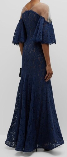 Pre-owned Rene Ruiz Collection $1295 Rene Ruiz Women's Blue Illusion-neck Lace Trumpet Gown Dress Size 14