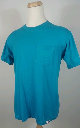 CLASSIC!! 80s Vintage JERZEES BRAND Teal POCKET TEE T SHIRT blank L Surf