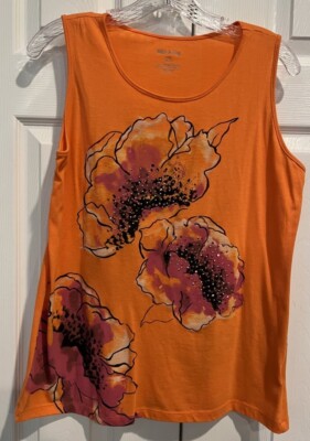 White Stag Orange Tank Top with Bling. Pink & Black Flowers. Size Large 12-14