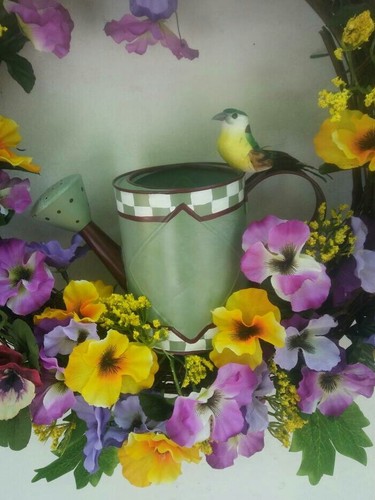 Summer or  Spring Pansy Wreath for Front Door with Watering Can and Bird