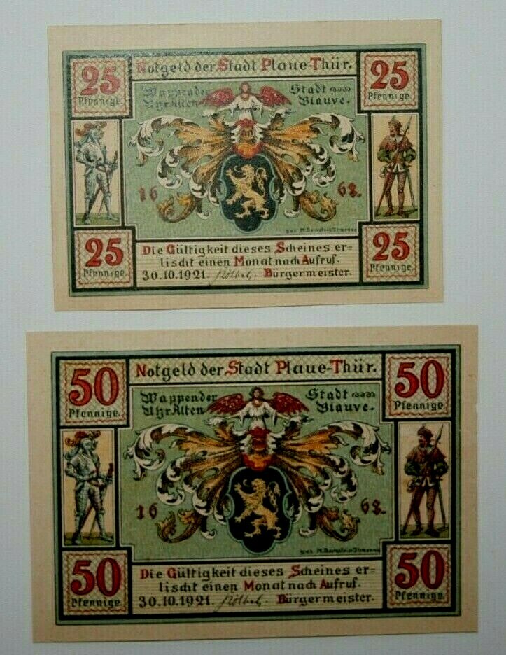 1921 Plaue -Thur Germany 25 & 50 Pfennig Notgeld Notes