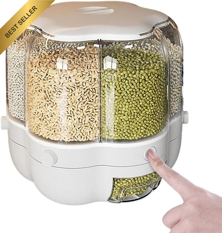 Grain Dispenser, 360° Rotating 6 Grid Dry Food Storage Dispenser, Airtight Large