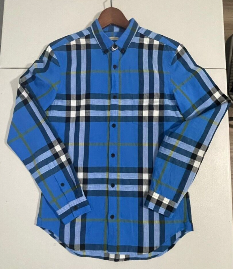 Burberry Brit Blue Check Linen/Cotton Button Down Shirt Long
