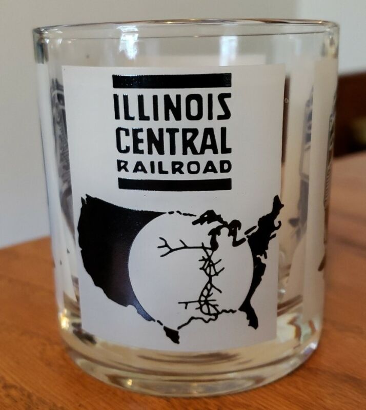 Illinois Central Railroad Glass, Map & Trains pattern , black and white EUC!