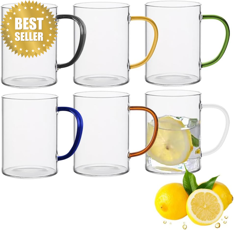 6 Pack Glass Coffee Mugs Set, Clear Coffee Cups with Colorful Handles, Tea Glass