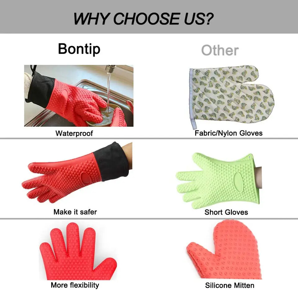 2X Silicone Oven Mitts Extra-long Heat Resistant Kitchen Gloves for Grilling BBQ