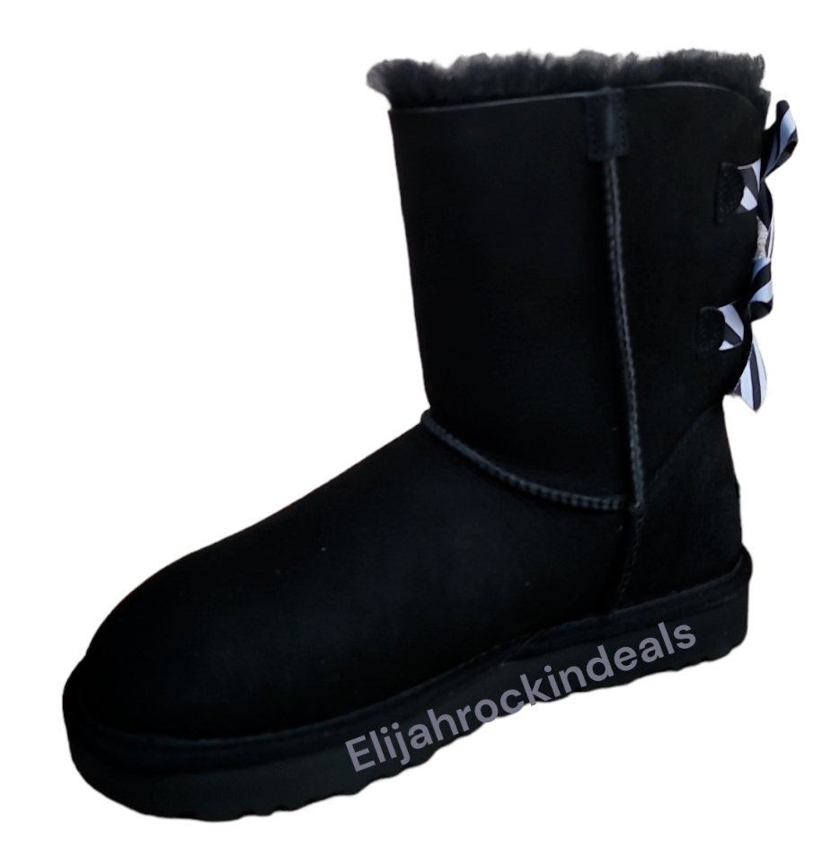 Pre-owned Ugg Womens  Bailey Bow Ii Black Stripes Short Boots Size 7, 8, 9, 11