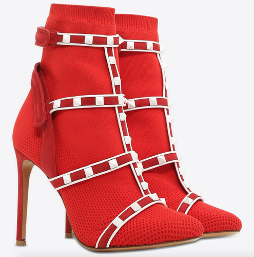Pre-owned Valentino Garavani Valentino Rockstud Bodytech Red White Sock Knit Ankle Heel Boot Bootie 38.5