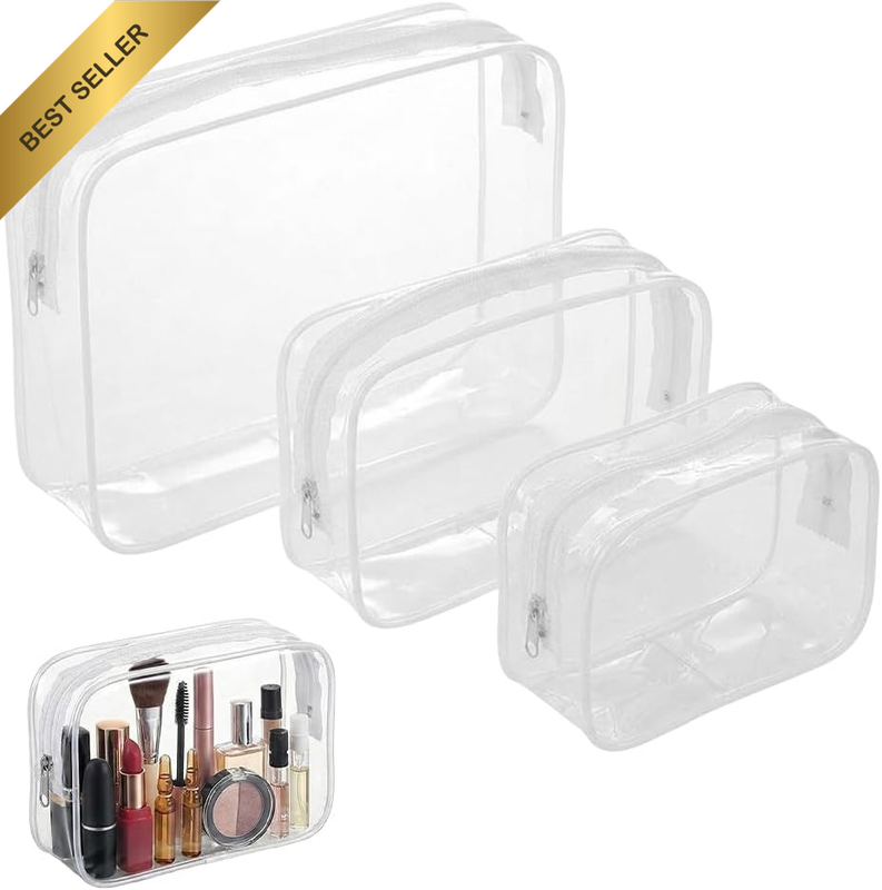 3PCS Clear Makeup Bag Set, Transparent PVC Cosmetic Organiser Pouches with Zip C