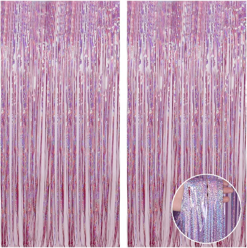 4 Pcs Pink Tinsel Foil Fringe Curtains Backdrop, Streamer Curtain for Party Wedd