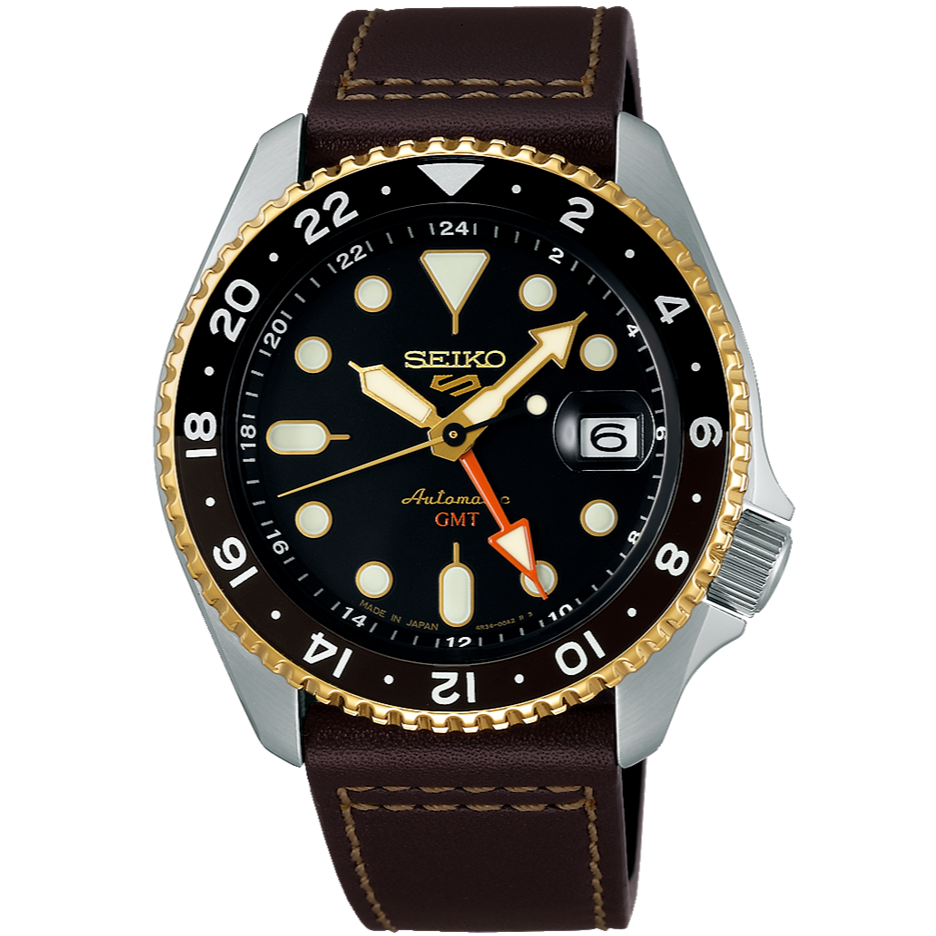 Pre-owned Seiko 5 Sports Sbsc020 Skx Series Gmt Automatic Watch Brown Leather Band 42.5mm