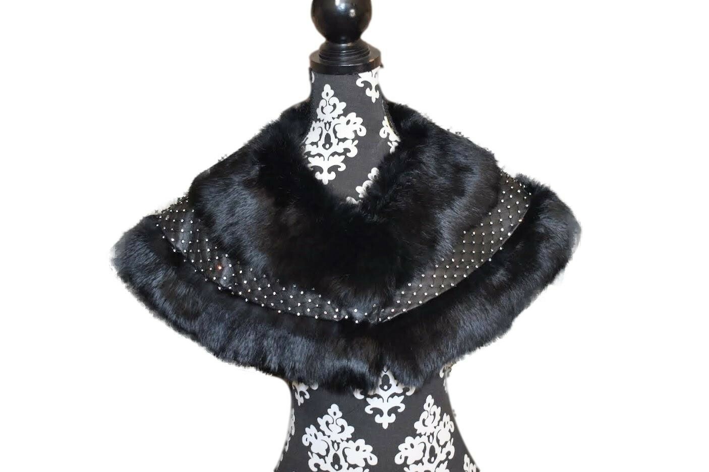 新品商品 美しいラビット肩をすくめることラップ ブラック ウサギ毛皮 革とラインストーン 安い大阪 店舗 Altacomunicacion Cl
