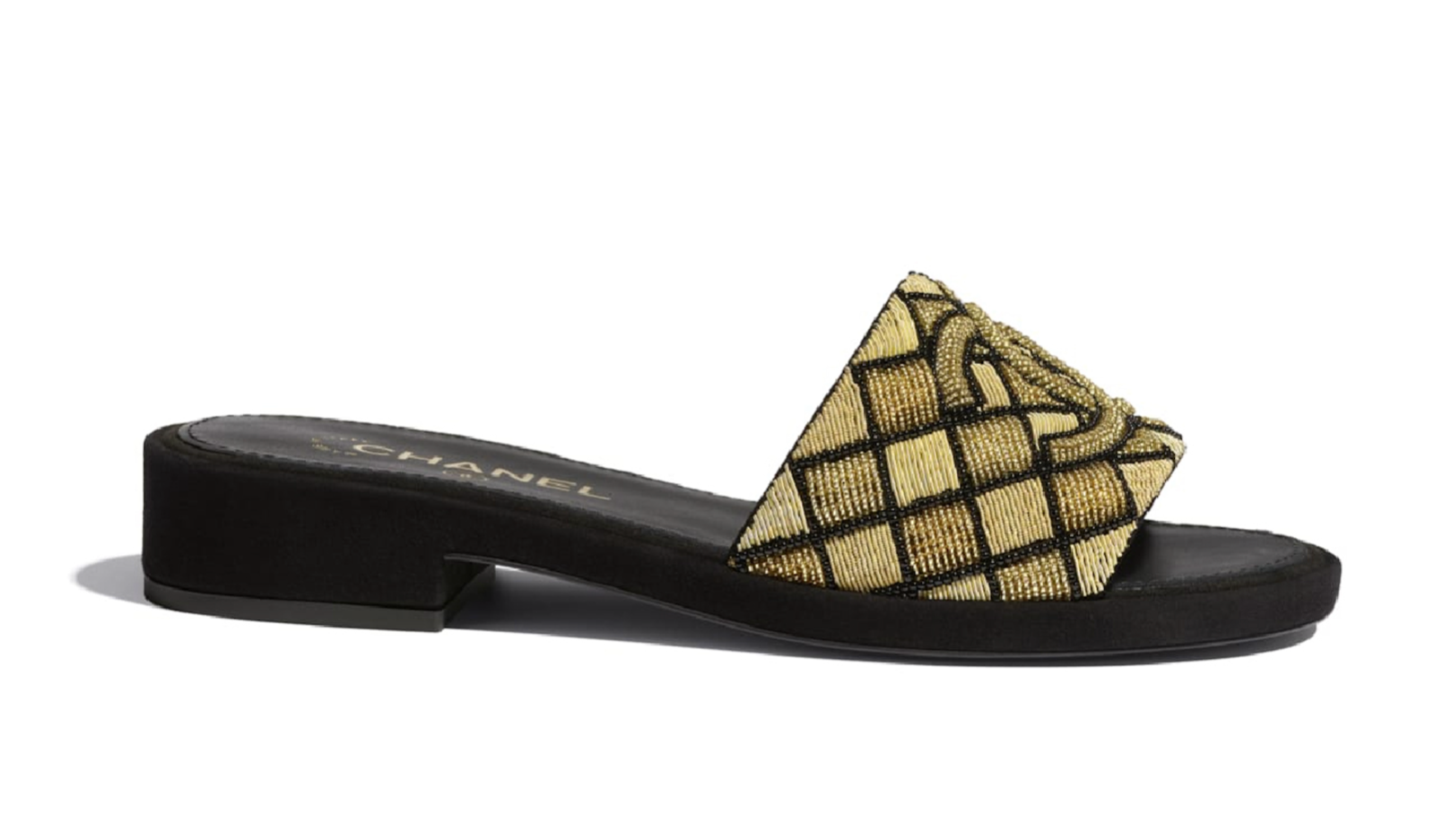シャネル♡ Chanel 21A Gold Black Pearl Embroidery Bead CC Logo Slide