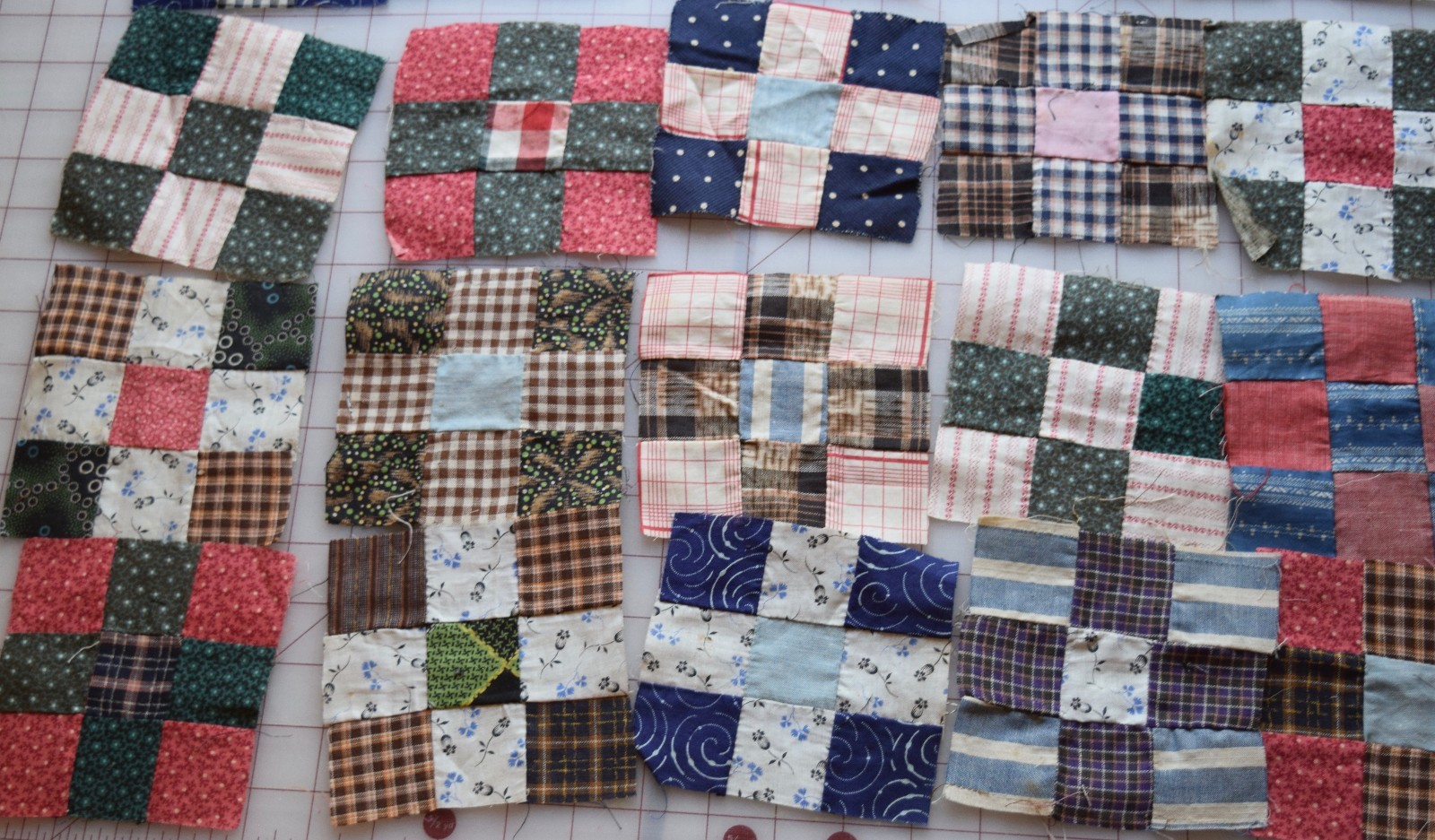 56 antique 1870-90's tiny 9 Patch quilt blocks, neons, indigo, pinks, shirtings