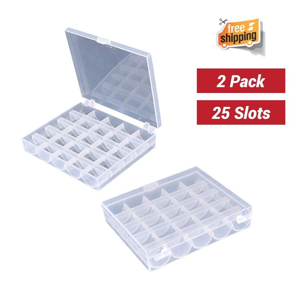 2 Pack 25 Slots Empty Bobbins Spools Box, Sewing Craft Plastic Case Storage Box