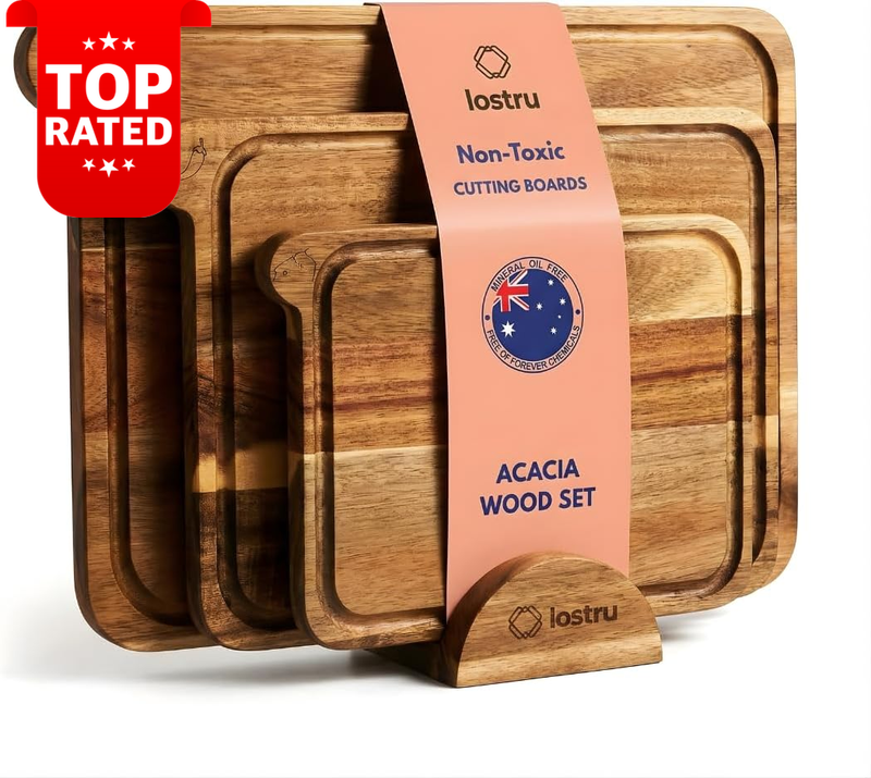 Acacia Wooden Chopping Board Set 3 PCS with Stand Non-Toxic Deep Juice Grooves