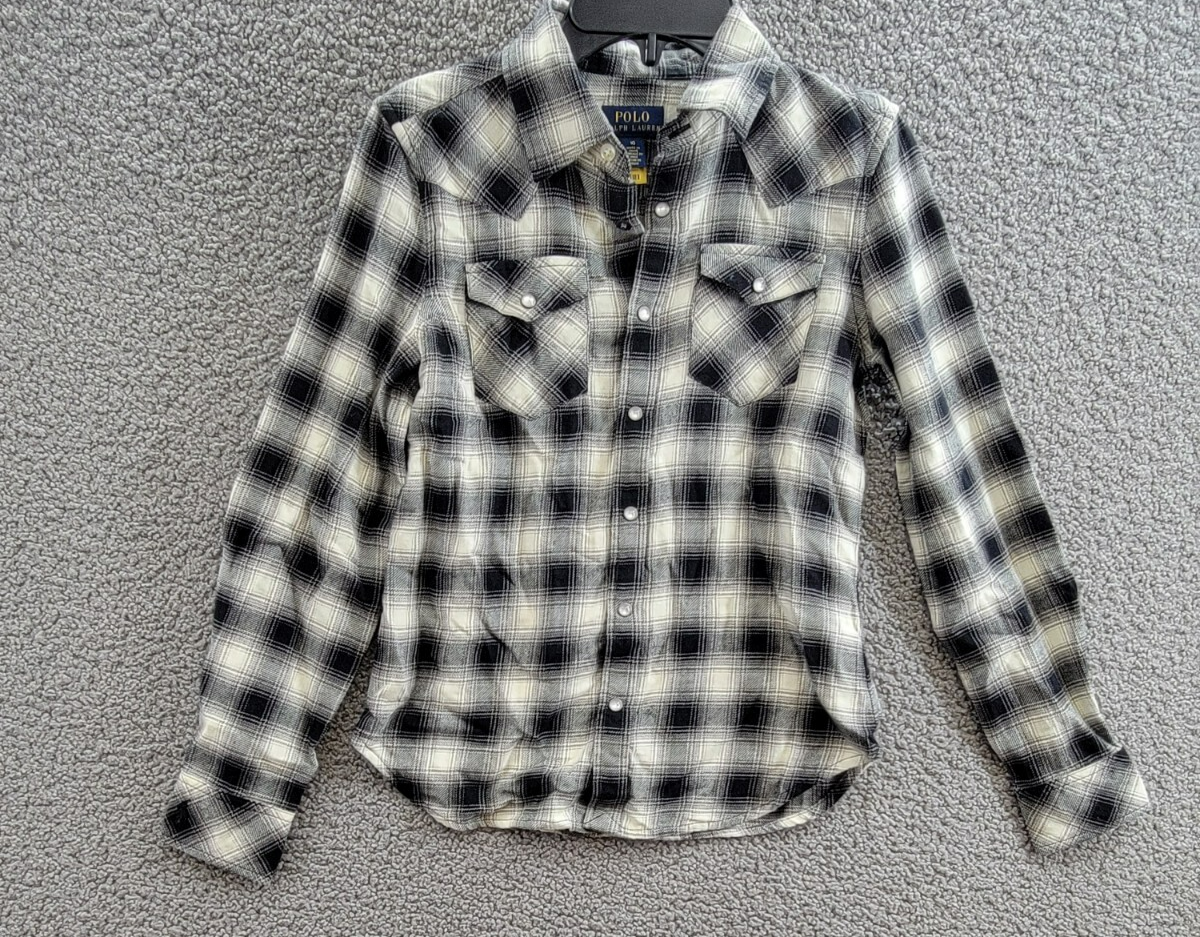 Polo Ralph Lauren Plaid Flannel Western Button Shirt Big Girls 10 Cream/Black - Picture 3 of 20