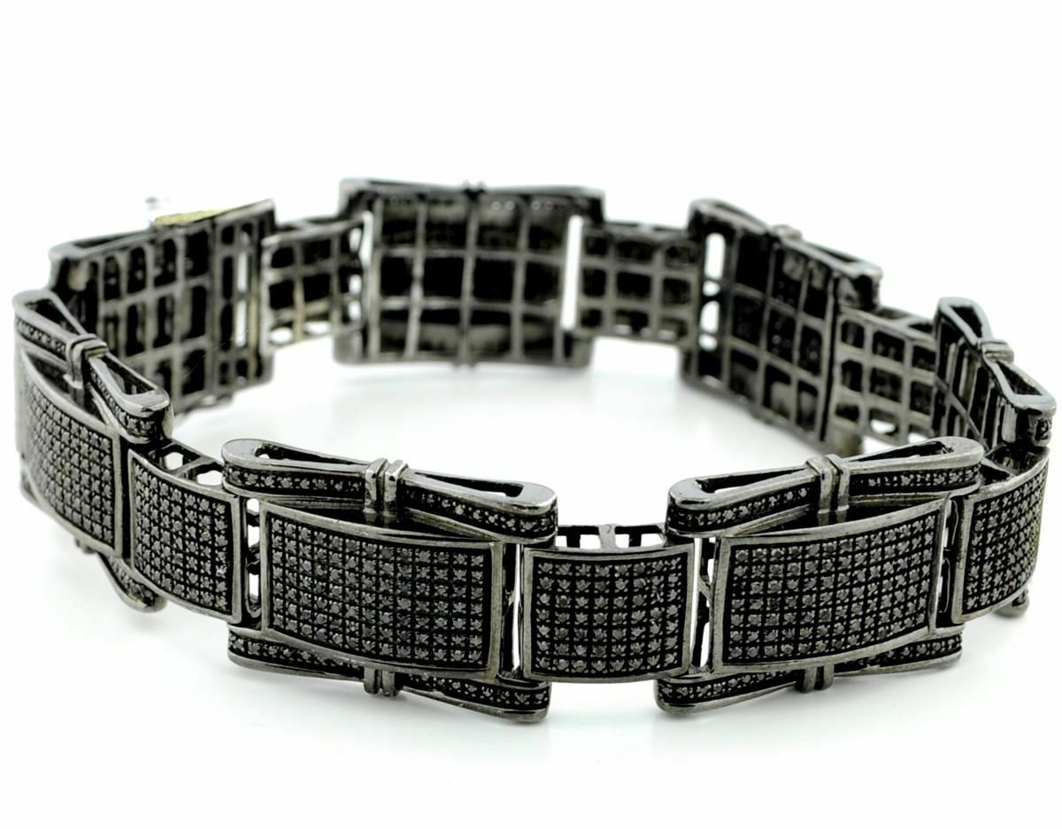 Pre-owned Online0369 3.8ct Black Simulated Diamon Mens Wide Link Bracelet Black Rhodium Plated Silver