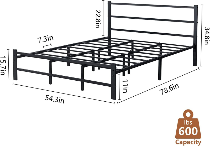 Full Size Metal Bed Frame Simple Platform with Headboard, Double Support Frame T