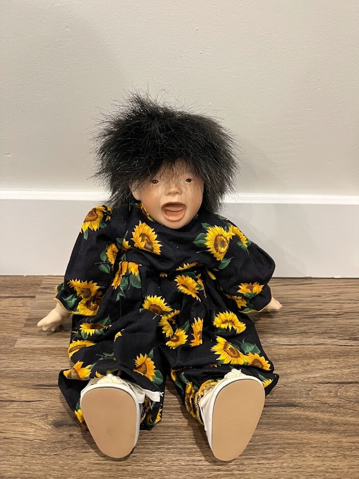 Porcelain Doll MG cry baby with black hair and sunflower outfit 13
