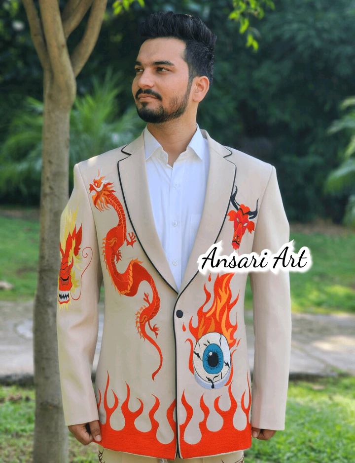 Pre-owned Art Men's Light Brown 2pc Bespoke Western Suit Dragon $ Fire Flames Embroidered