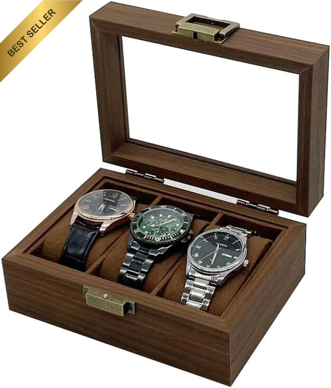 Watch Box for Men 3 Slots Organizer Case,With Glass Lid,Vintage Hinges and Locks