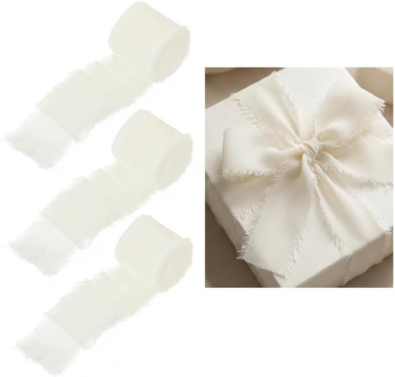 3 Rolls Ivory Chiffon Ribbon, 15M Total Handmade Fringe Silk Ribbon (2.5Cm X 5M