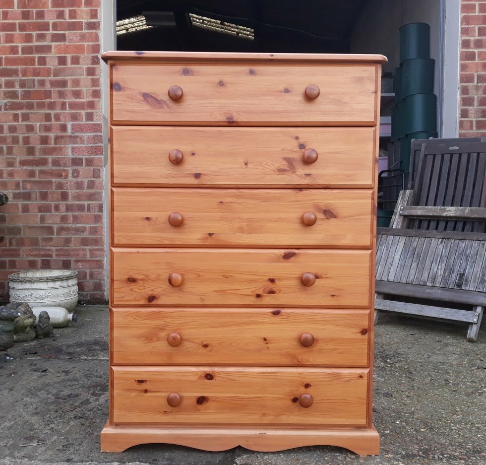 Solid Pine Chest Of Six Drawers With Tongue Groove Back And