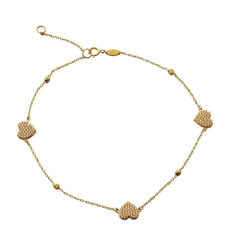 LoveBling 10K Yellow Gold .5mm Beads and 3 CZ Heart Charm Anklet (#67)