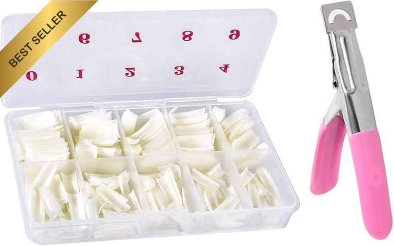 500 Fake Nails Kit with Nail Clipper, 10 Sizes Natural Oval French Tips, ABS Acr