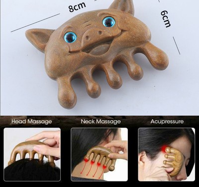 Anti-static Natural Sandalwood Hand Carving Blue Eyes Pig Women Massage Comb