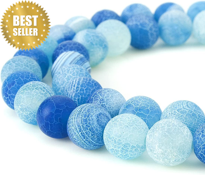 8mm Blue Frosted Agate Gemstone Strand Unpolished Cracked Matte Beads