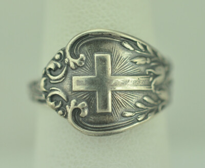 Solid 925 Sterling Silver Cross Bell Flower Floral Adjustable Spoon Ring