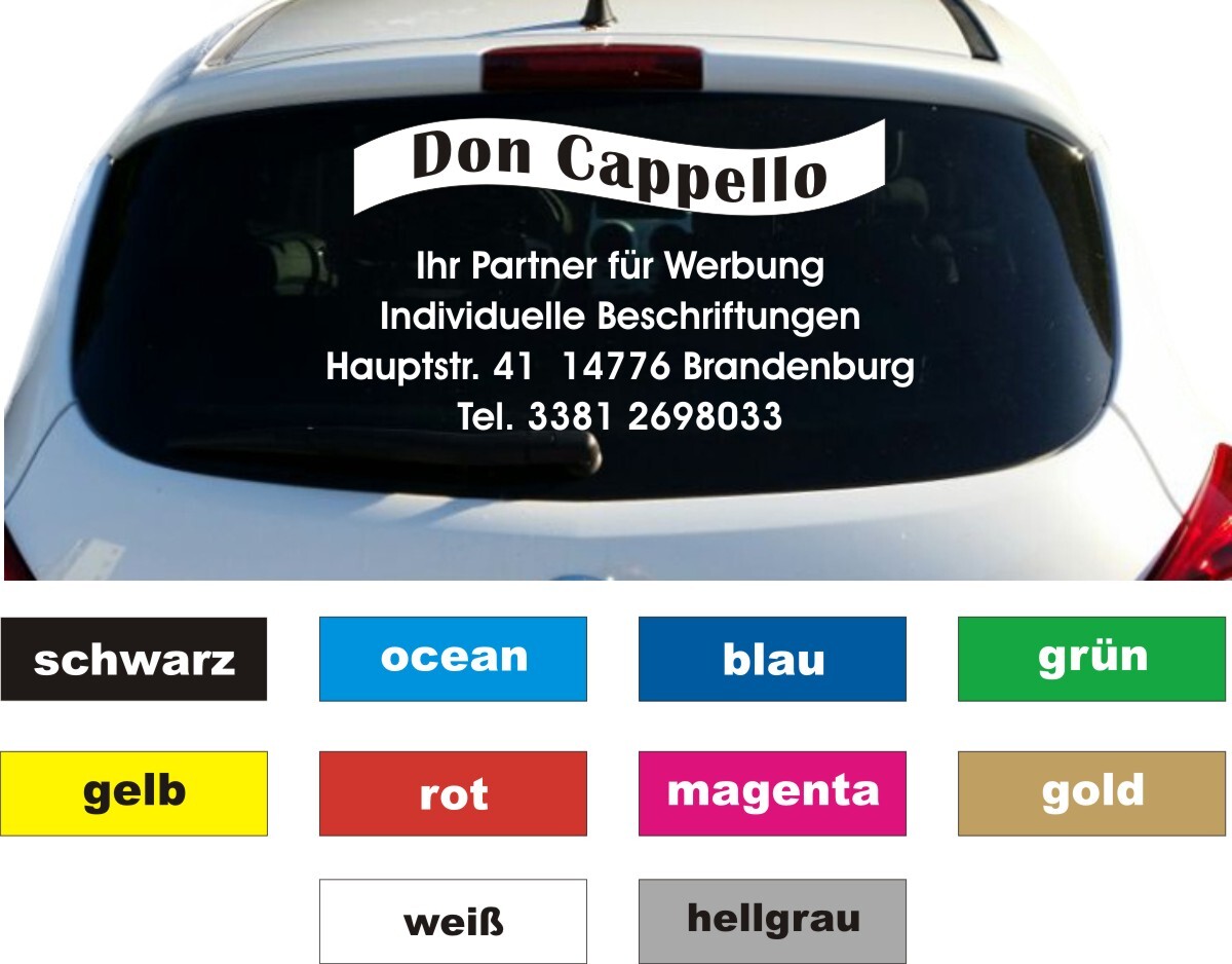 Werbung Autobeschriftung Eleganz Aufkleber Heckscheibe 5 Zeilen Breite 80 cm