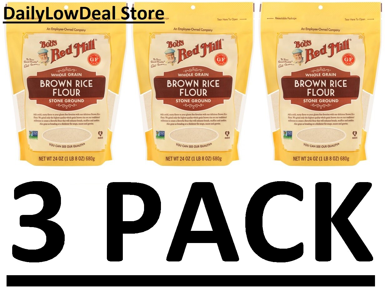3 PACK Bob's Red Mill Whole Grain Brown Rice Flour Gluten Free 24 oz FRESH