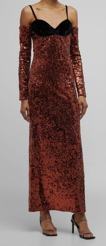 Pre-owned Zac Posen $1291  Women's Brown Cold-shoulder Sequin Column Gown Dress Size 10