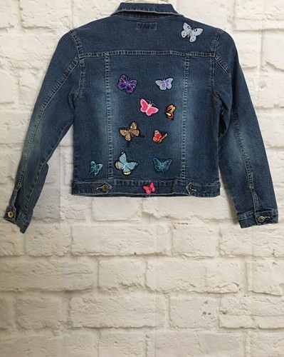 Arizona Girl's Jean Jacket Sz Large Butterflies Button Front Stretch Bling G101