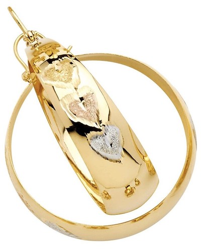 Pre-owned Handmade Gold Hoop Earring Heart 14k Solid Yellow White Rose Wide Thick Round 52x42mm 2”
