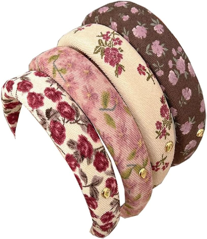 4 Pack Vintage Floral Headbands Wide Padded Boho Retro Hair Accessory