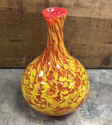 Signed Ken Ostrow Vibrant Red & Yellow Swirl Art Glass Vase
