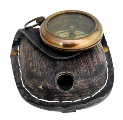 Vintage Solid Brass Pocket Compass Nautical With Leather Box
