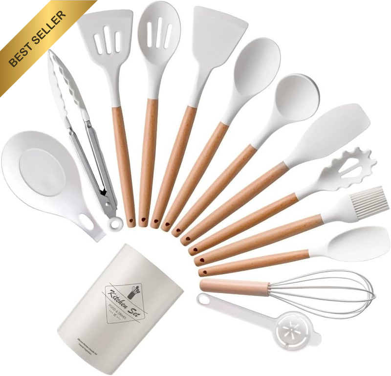 14Pc Silicone Kitchen Utensil Set Wooden Handle Spatula Spoon Brush with Holder