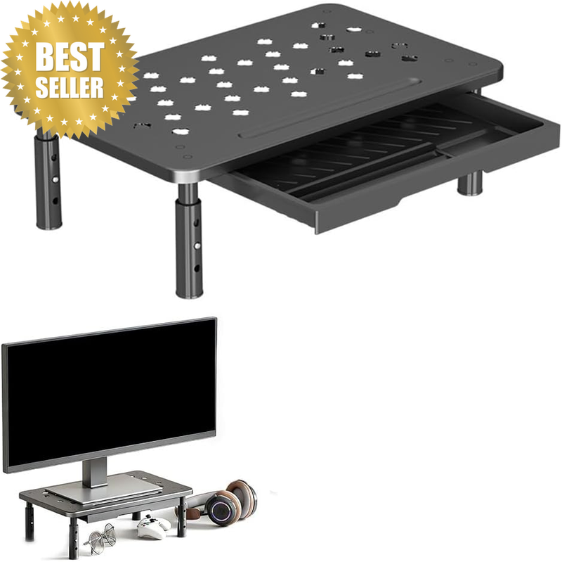 Monitor Stand Riser with Drawer, 3 Height Adjustable Monitor Rack, Metal Desktop