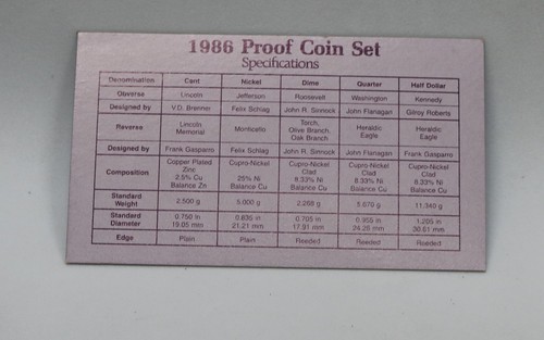 1986-S US Mint Proof Set 5 Coin Set OGP COA Kennedy 50c #1695
