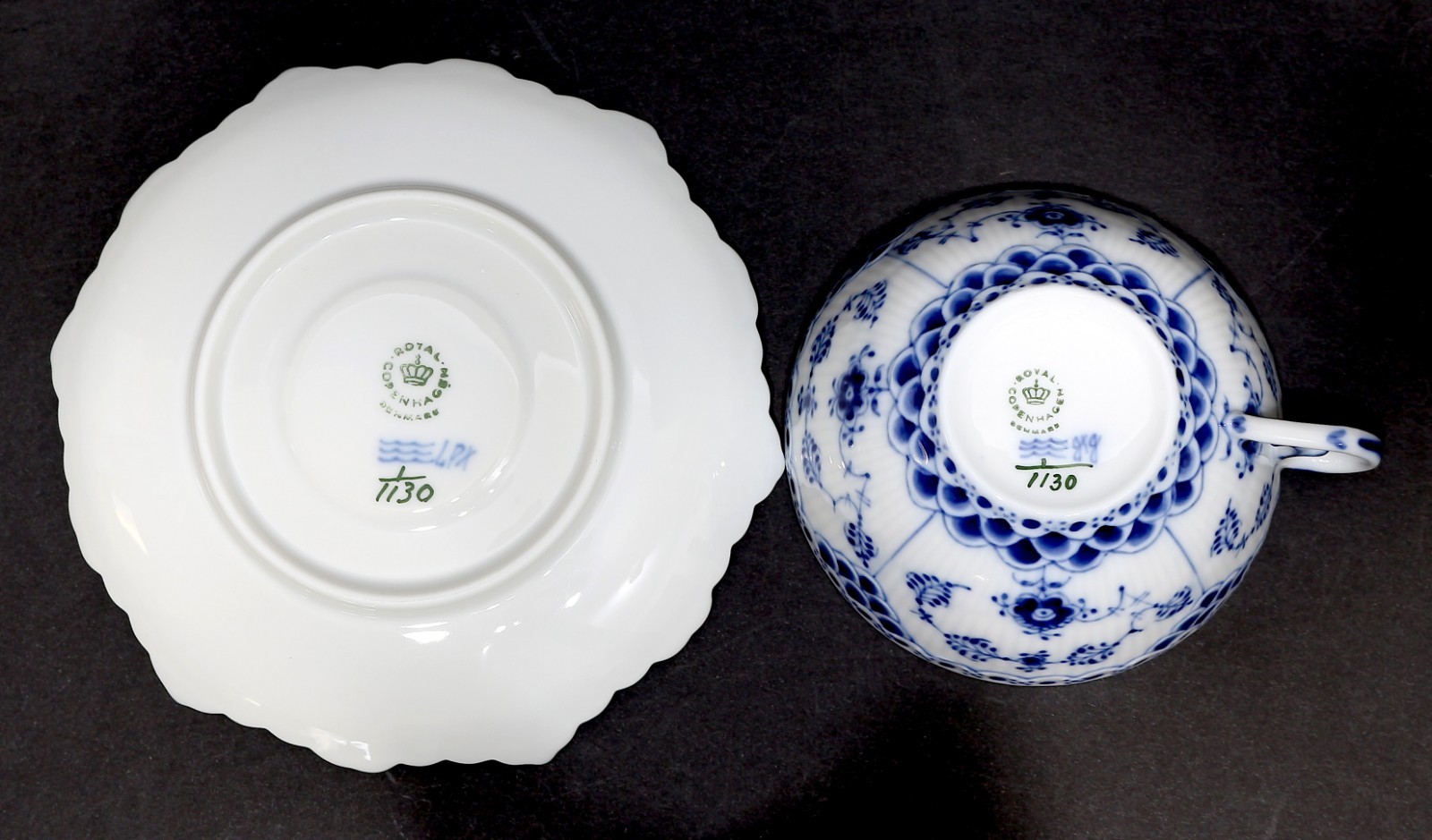 1 Set Royal Copenhagen Blue Fluted Full Lace Cup and Saucer #1130 FIRST QUALITY