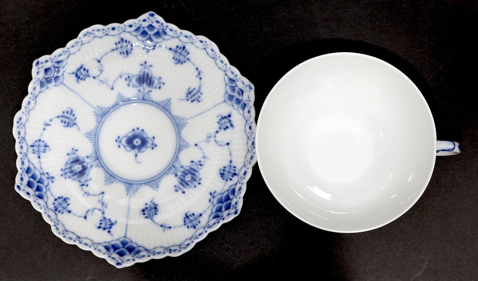 1 Set Royal Copenhagen Blue Fluted Full Lace Cup and Saucer #1130 FIRST QUALITY